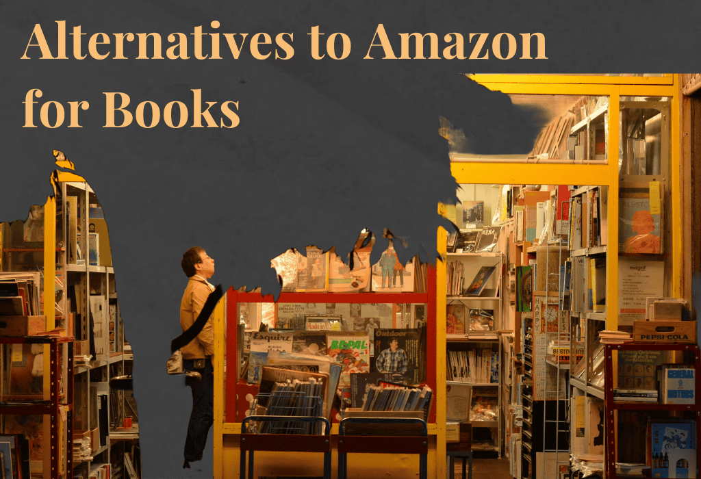 Person browsing books inside a warmly lit independent bookstore, with text overlay that reads “Alternatives to Amazon for Books.”