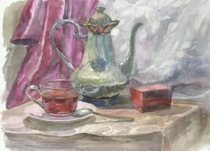 Watercolor painting of a teapot and teacup with black tea on a table, next to a red box, with a draped purple and gray fabric background