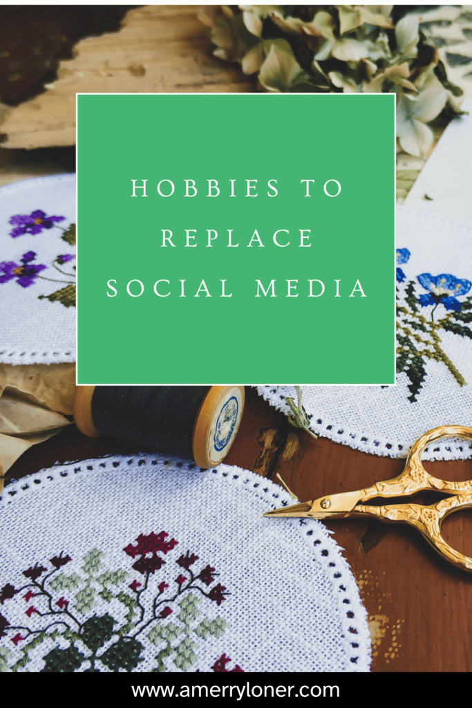 Embroidery supplies and scissors with text overlay about hobbies to replace social media