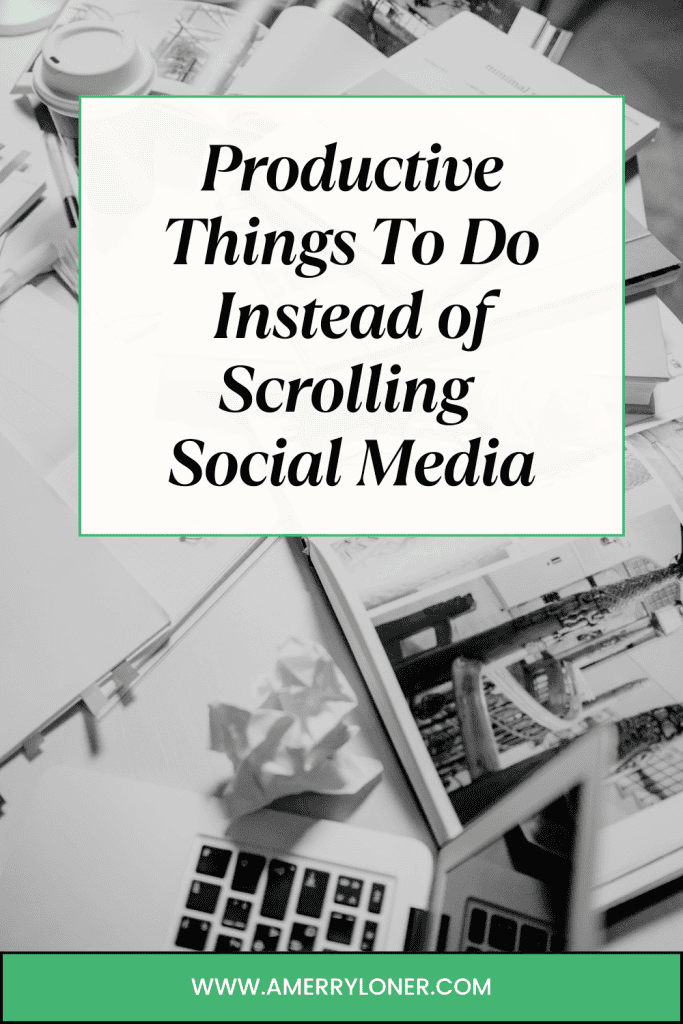 Messy desk with laptop, papers, and crumpled notes promoting productive things to do instead of scrolling social media