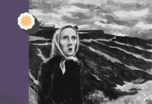 Black and white painting of a woman with headscarf standing in a dramatic landscape, representing solo travel anxiety