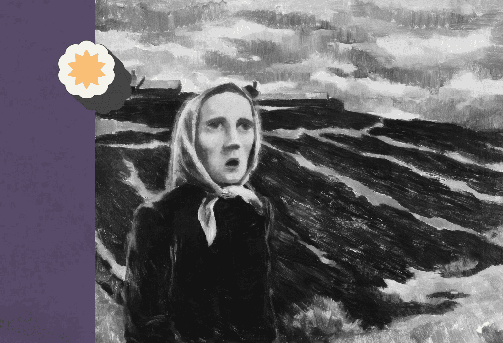 Black and white painting of a woman with headscarf standing in a dramatic landscape, representing solo travel anxiety